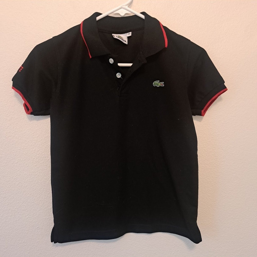 Lacoste Boys Black Red Trim Pique Polo Shirt Size 16 Short Sleeve Crocodile Logo
